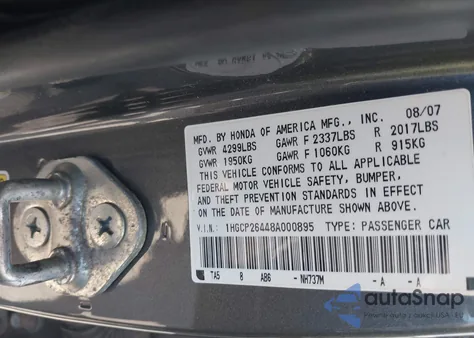 2008 Honda Accord 2.4 Lx-P z USA, uszkodzony, nr VIN 1HGCP26448A000895